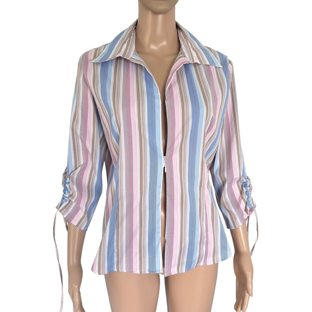 DCC Missy Pink Blue Striped Zip Up Top 3/4 Ruched Sleeve Stretch Shirt M Office
